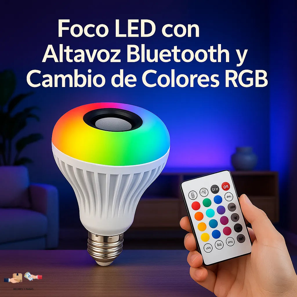 Foco LED con altavoz Bluetooth y cambio de colores RGB, ideal para fiestas en casa.