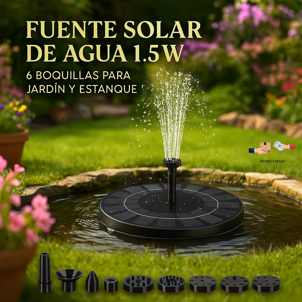 Fuente solar de agua 1.5W con 6 boquillas, ideal para jardín y estanque.