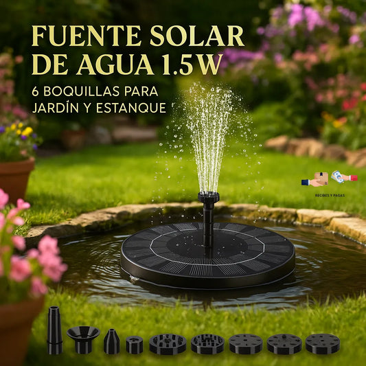 Fuente solar de agua 1.5W con 6 boquillas, ideal para jardín y estanque.