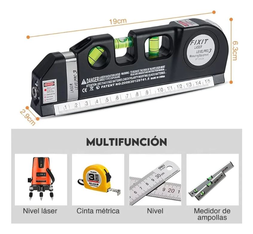 Herramienta de nivelación láser con medición de burbuja y cinta, modelo Pro40.