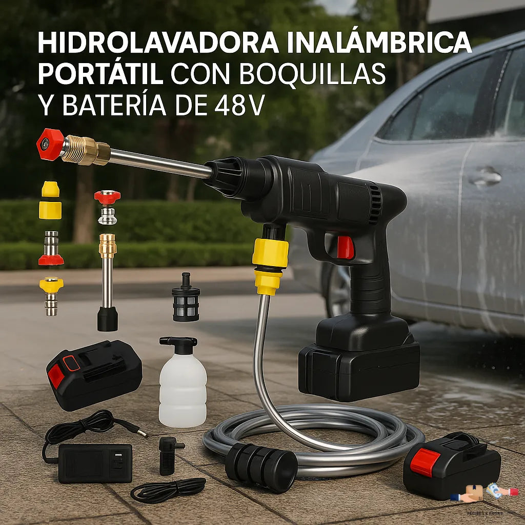 Hidrolavadora inalámbrica portátil de 48V con batería recargable y boquillas intercambiables.