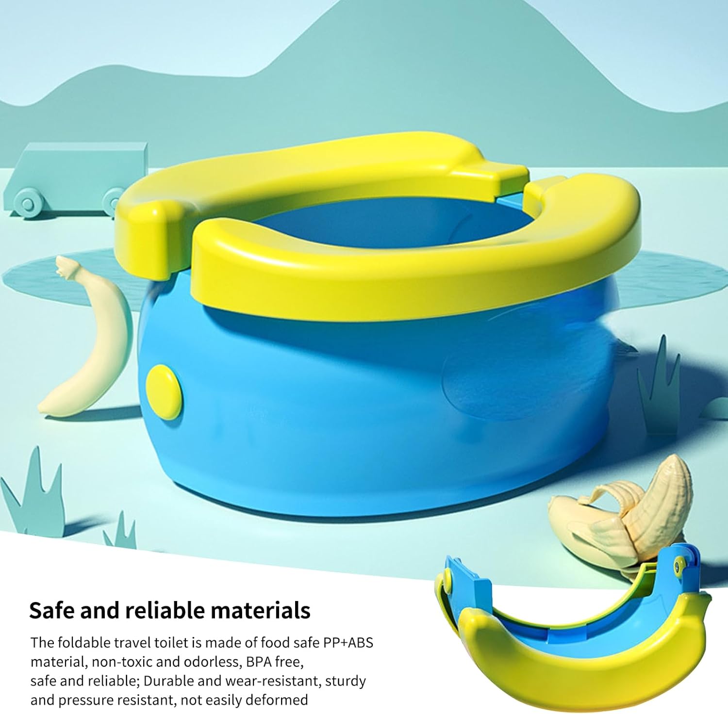 Inodoro portátil plegable para niños, uso en parques y actividades.