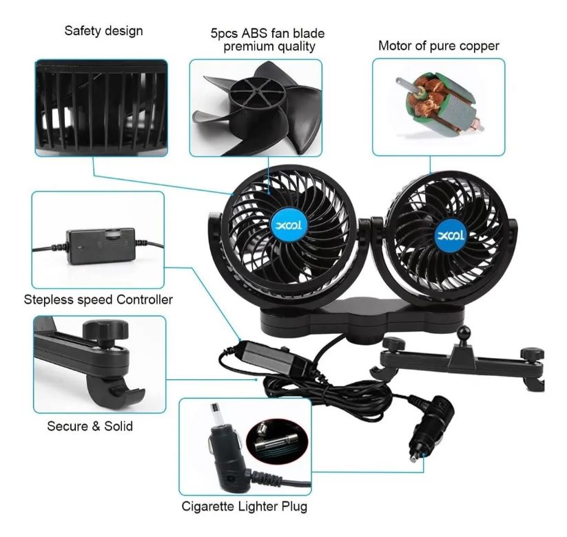 Ventilador de Coche 12V – Enfriamiento Rápido y Bajo Ruido para Pasajeros y Mascotas
