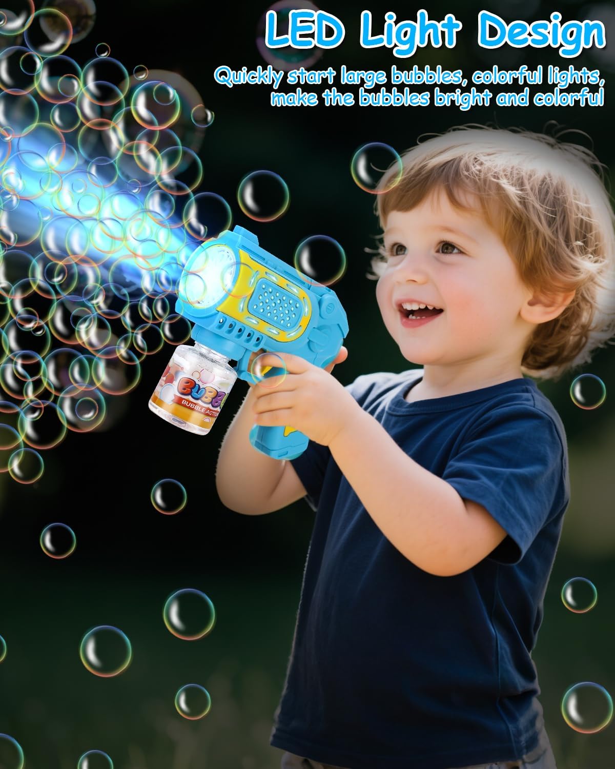 Juguete de burbujas LED portátil para niños, ideal como regalo de cumpleaños.