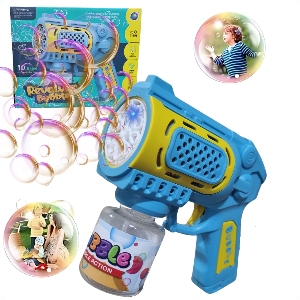 Juguete pistola de burbujas con luz LED, perfecto para juego exterior nocturno.