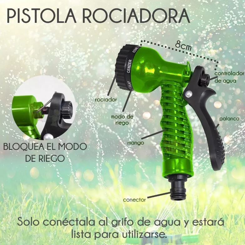 Kit de manguera expansible, resistente y ligera, ideal para riego de jardín.
