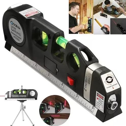 Kit de nivelador láser profesional que incluye cinta métrica y nivel de burbuja.