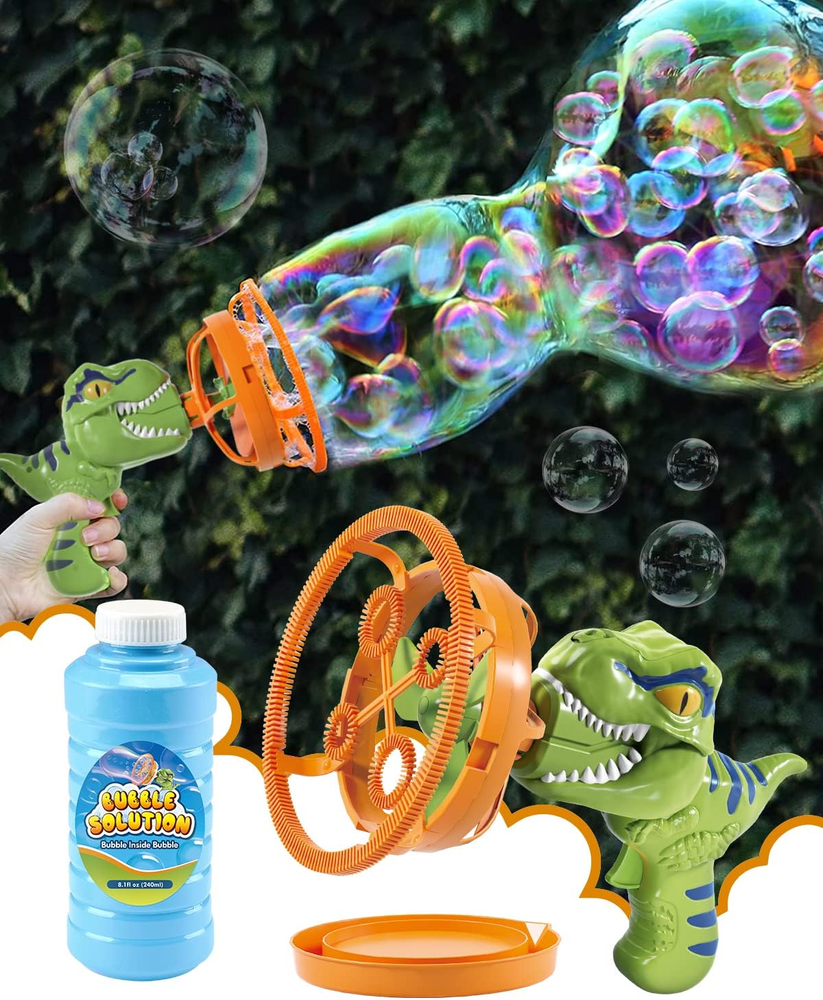 Kit pistola de burbujas de dino, juguete divertido y fácil de usar.