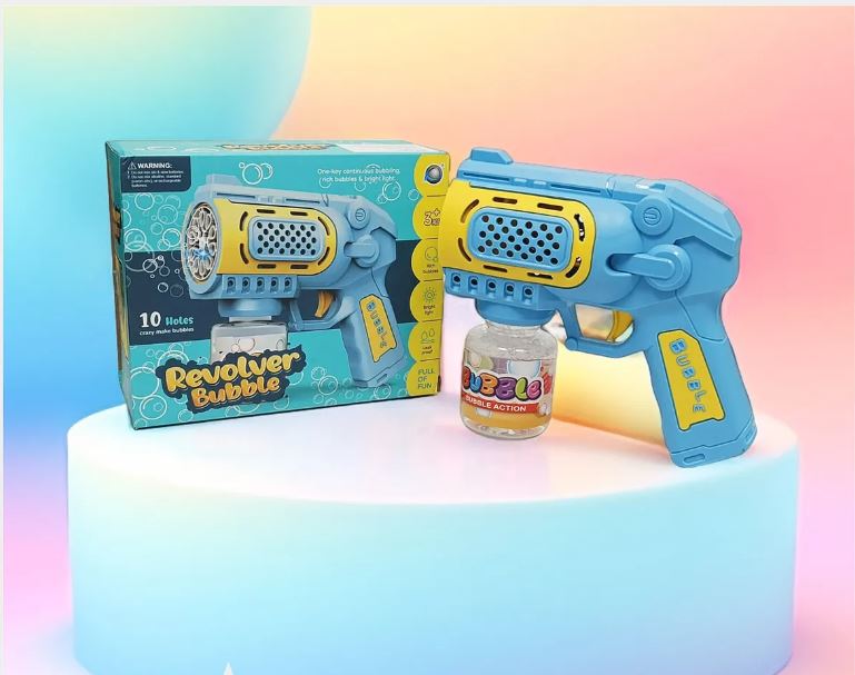 Kit pistola de burbujas LED para niños, incluye solución de burbujas.