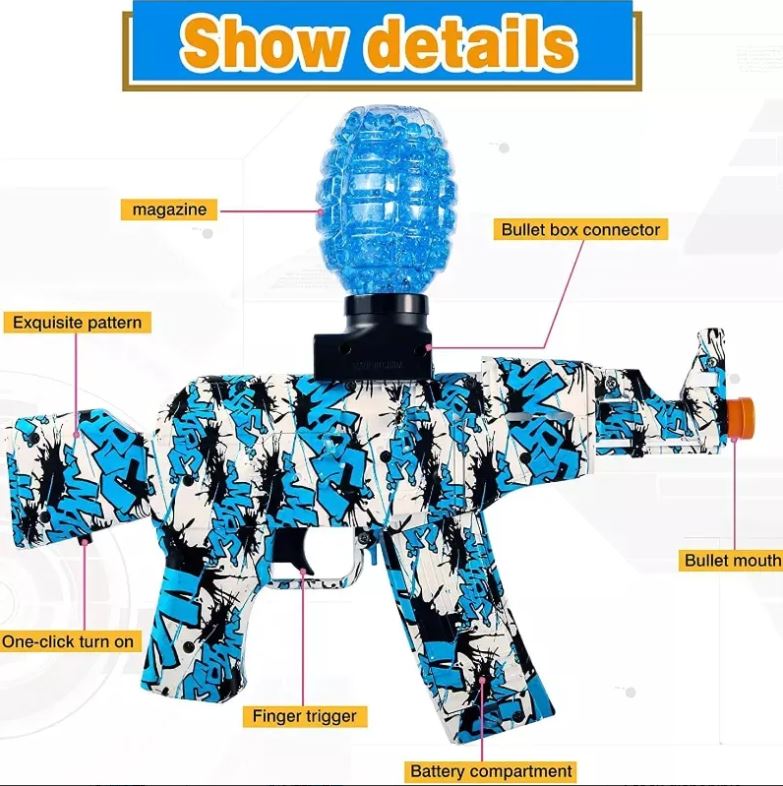 Kit pistola de hidrogel eléctrica, incluye bolas de gel y cargador rápido.