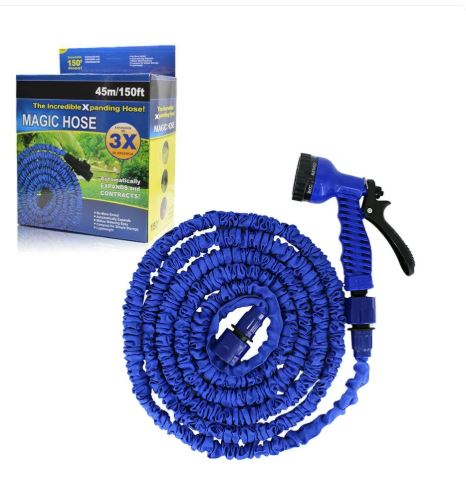 Kit de riego con manguera expansible, ligera y 7 tipos de chorro ajustables.