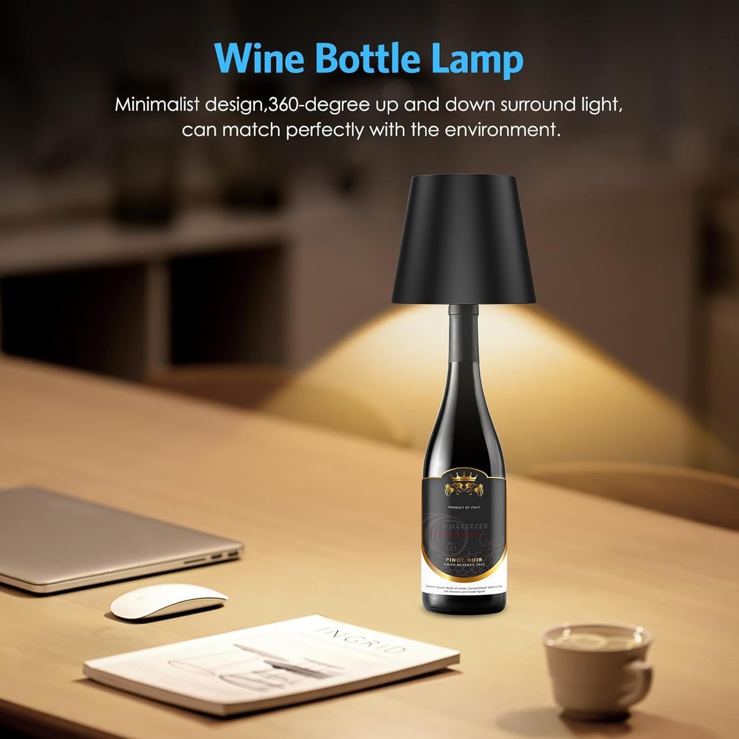 Lámpara para botella de vino portátil, regulable 360°, batería recargable.