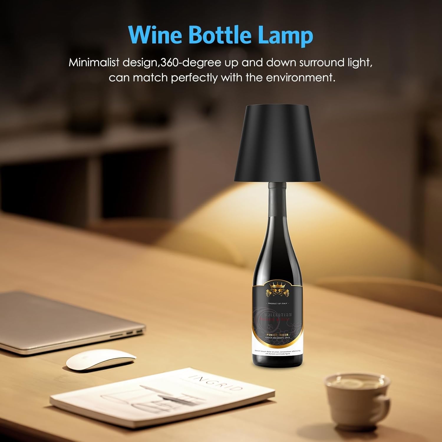Lámpara para botella de vino portátil, regulable 360°, batería recargable.