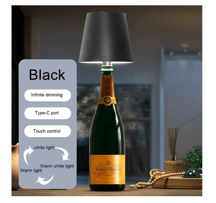 Lámpara LED recargable para botella de vino, regulable 360°, sin cables.