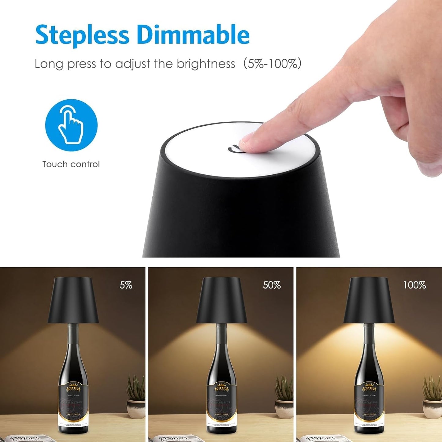 Lámpara de mesa para botella de vino inalámbrica, regulable en intensidad.