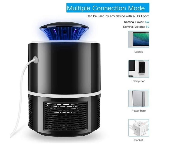 Lámpara para mosquitos con luz azul, trampa de succión silenciosa y conexión USB.