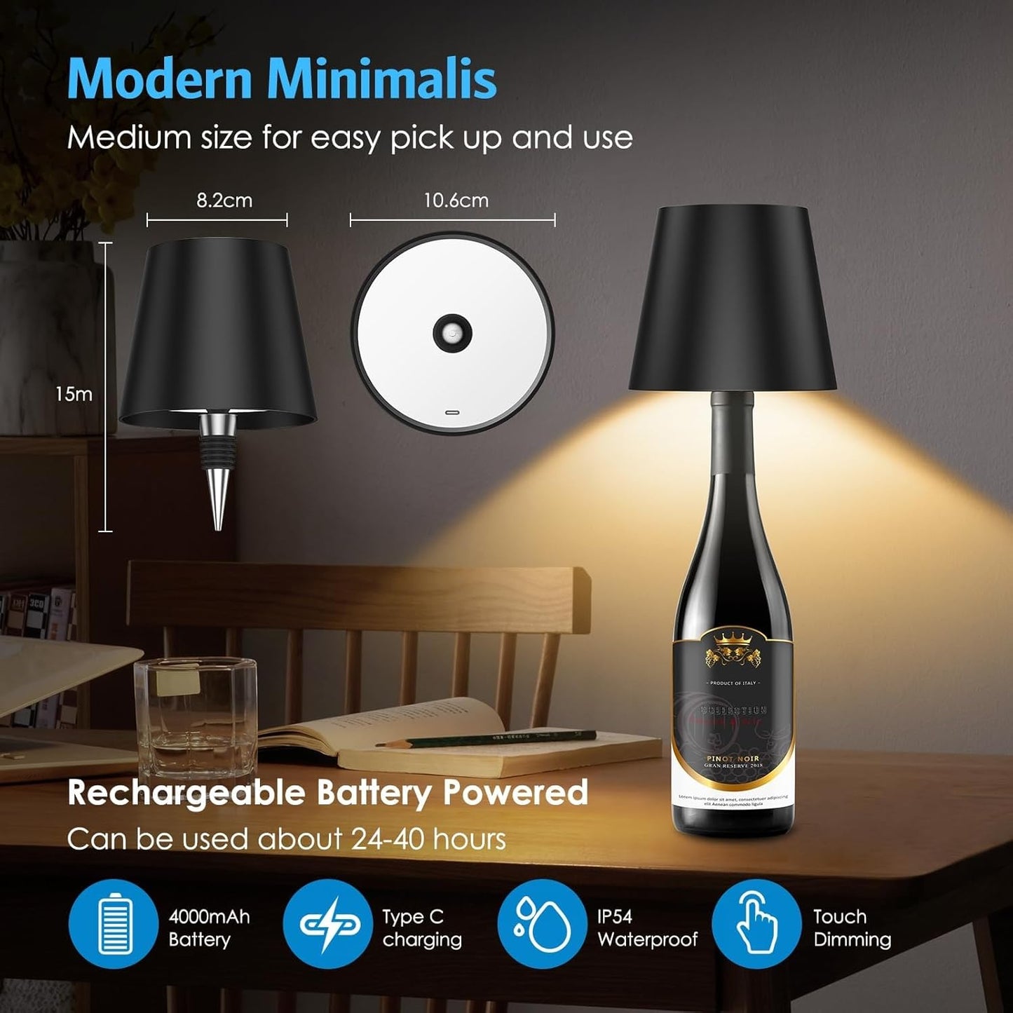 Luz LED recargable para botella de vino, inalámbrica y regulable.