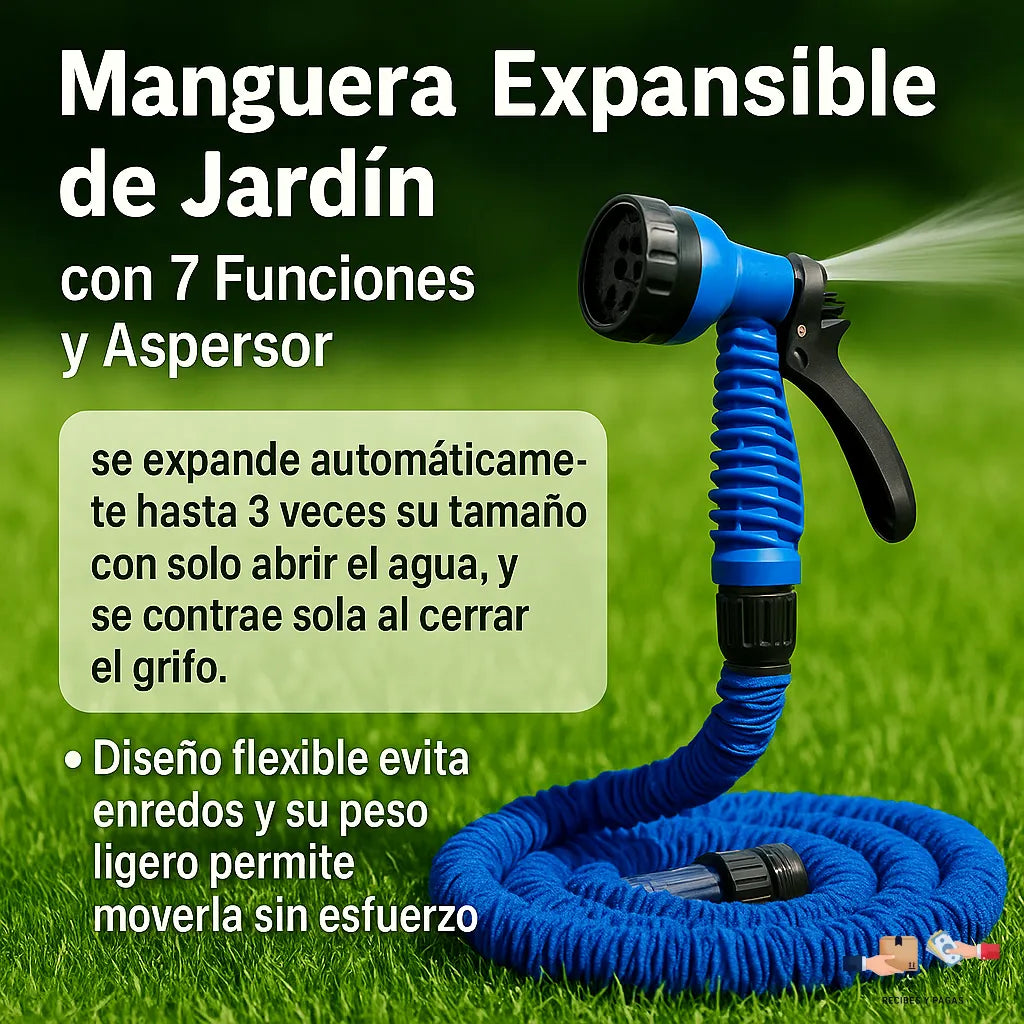 Manguera expansible para jardín con pistola de 7 funciones y aspersor de mano.