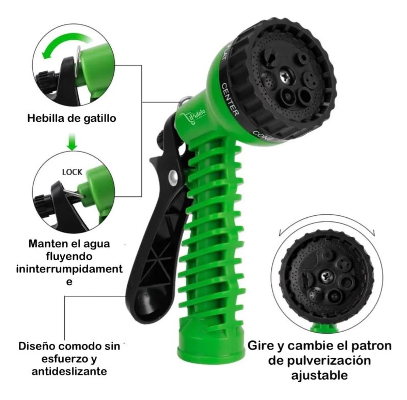 Manguera de jardín flexible, con 7 patrones de riego en el aspersor de mano.