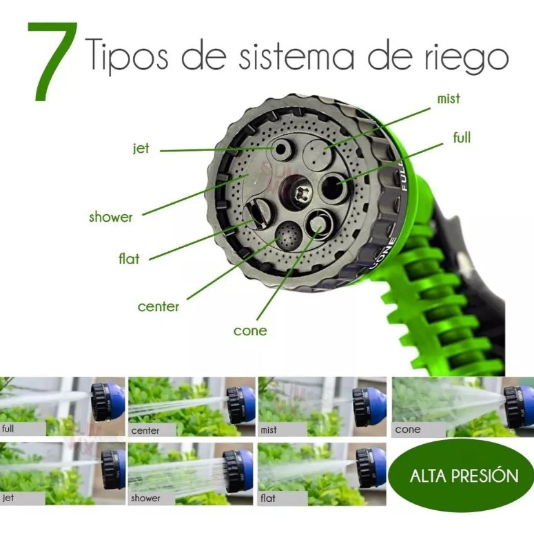 Manguera para jardín retráctil con aspersor de 7 funciones, material ligero.