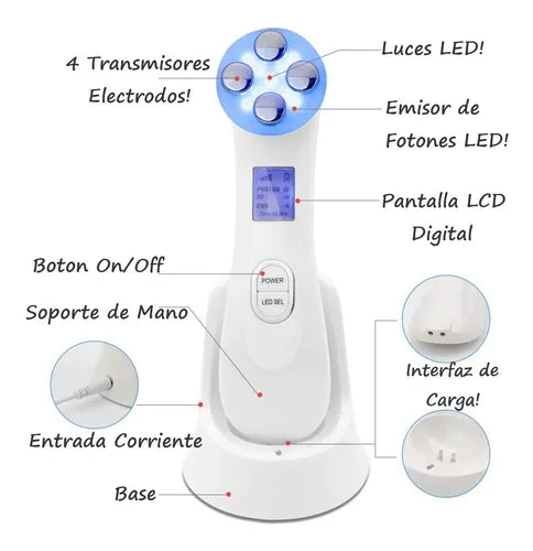 Máquina de rejuvenecimiento facial 5 en 1, incluye terapia LED de luz.