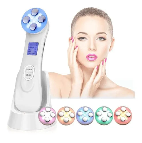 Masajeador facial 5 en 1, eliminador de arrugas y potenciador de luminosidad.