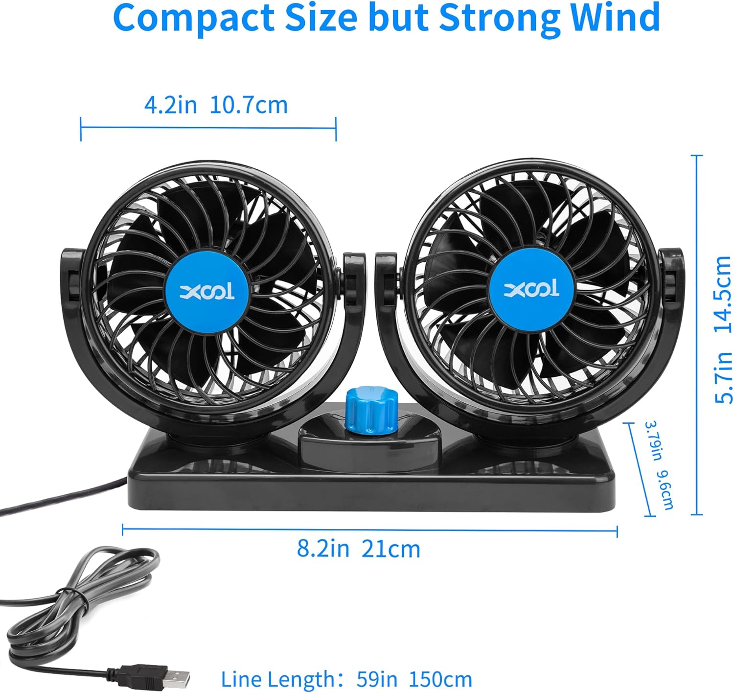 Mini ventilador de coche 12V XOOL, giro 360°, portátil y compacto.