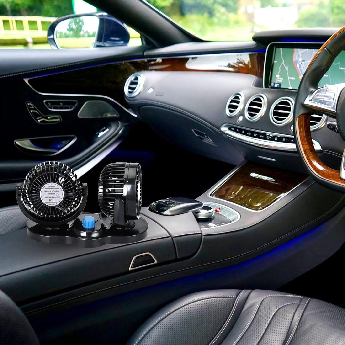 Mini ventilador de coche 12V XOOL, giro 360°, potente y silencioso.