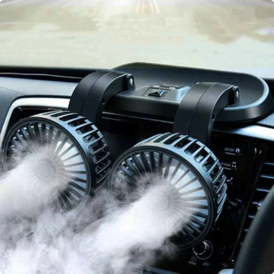 Mini ventilador para coche con doble cabezal giratorio, portátil, conector 12V.