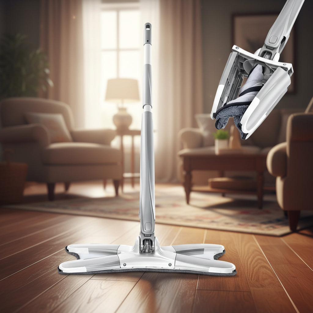 Mopa de limpieza de microfibra giratoria, con sistema que mantiene las manos limpias.