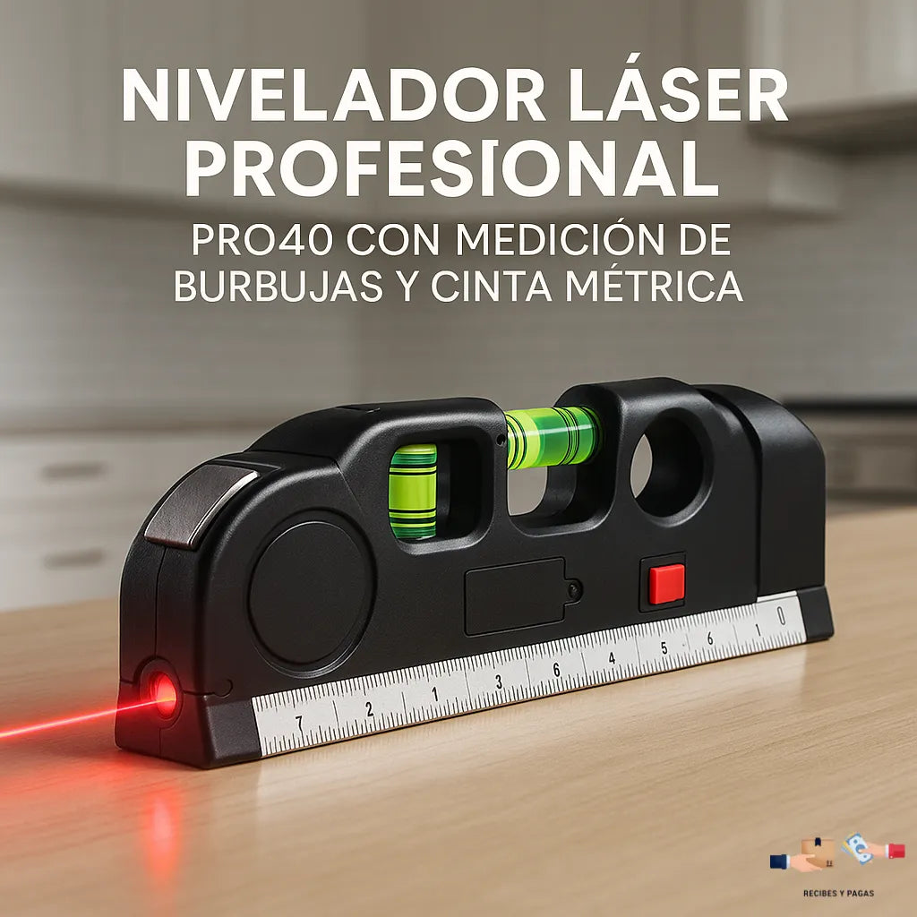 Nivelador láser profesional Pro40 con cinta métrica y burbuja para construcción.