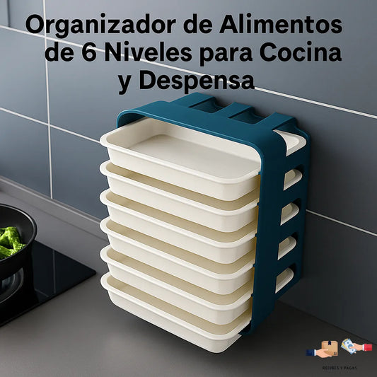 Organizador vertical de 6 niveles para maximizar el almacenamiento de alimentos en la despensa.