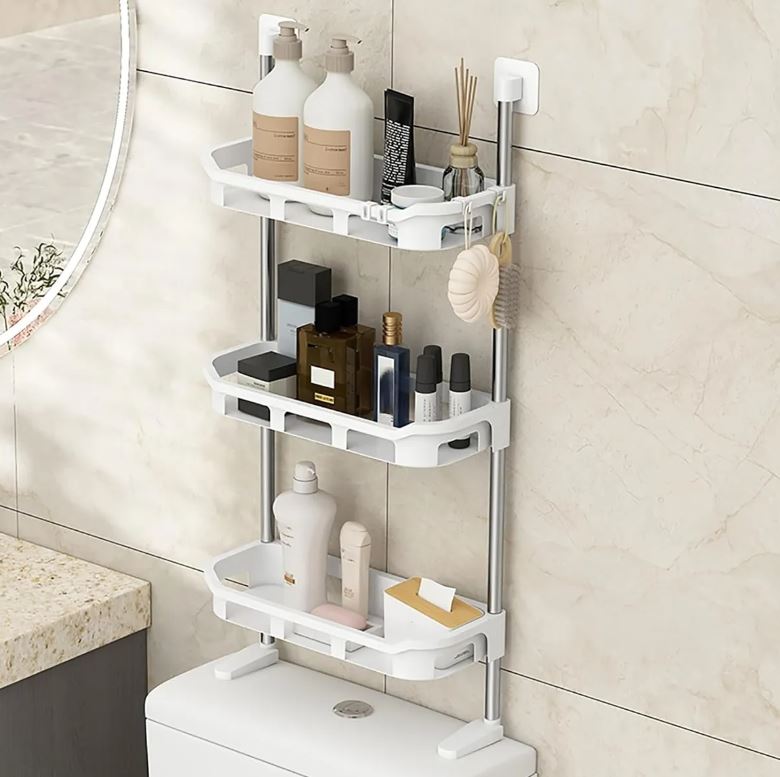 Organizador para baño sobre el inodoro, de 3 niveles y estructura metálica.