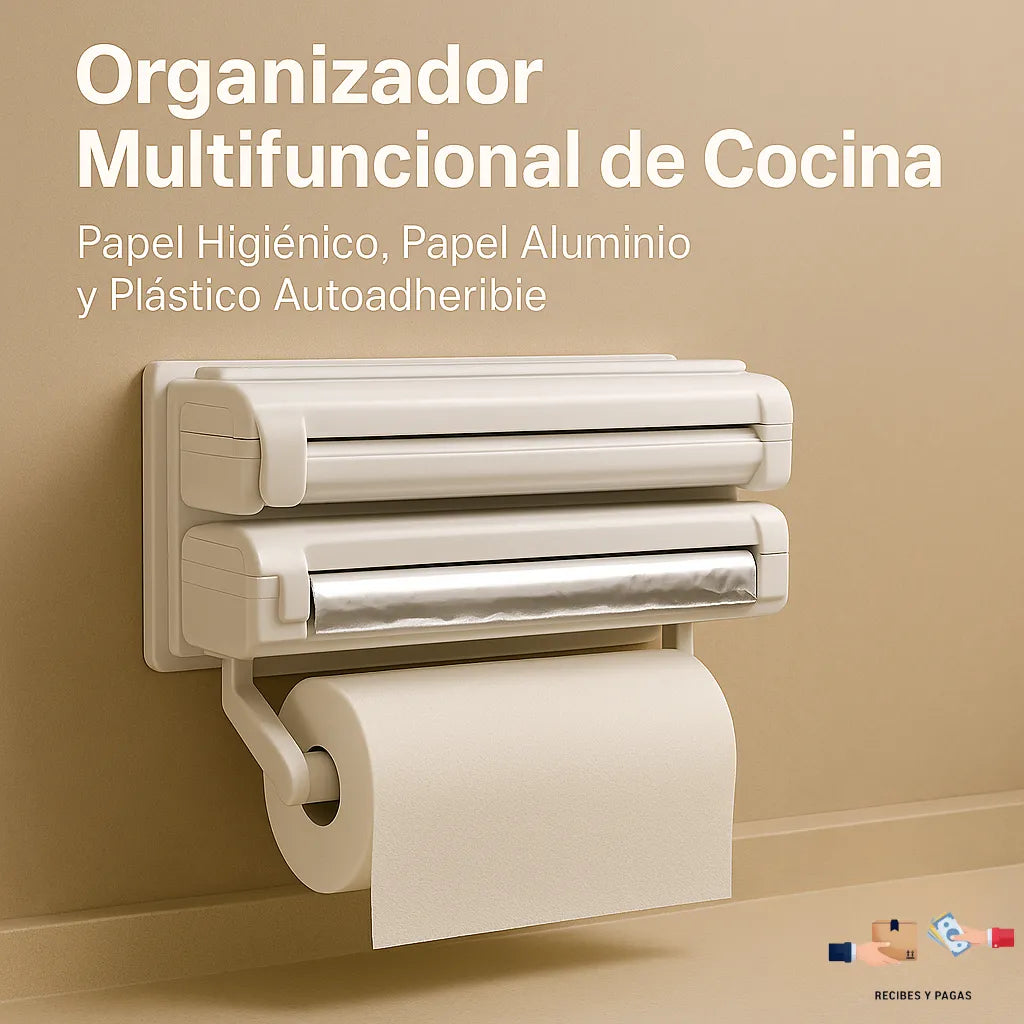Organizador de cocina 3 en 1 para dispensar rollo de papel, aluminio y plástico autoadherible.