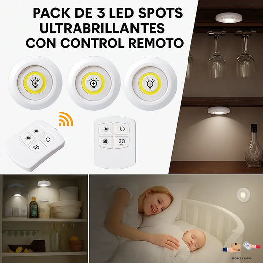 Pack de 3 spots LED ultrabrillantes con control remoto, perfectos para clósets y alacenas.