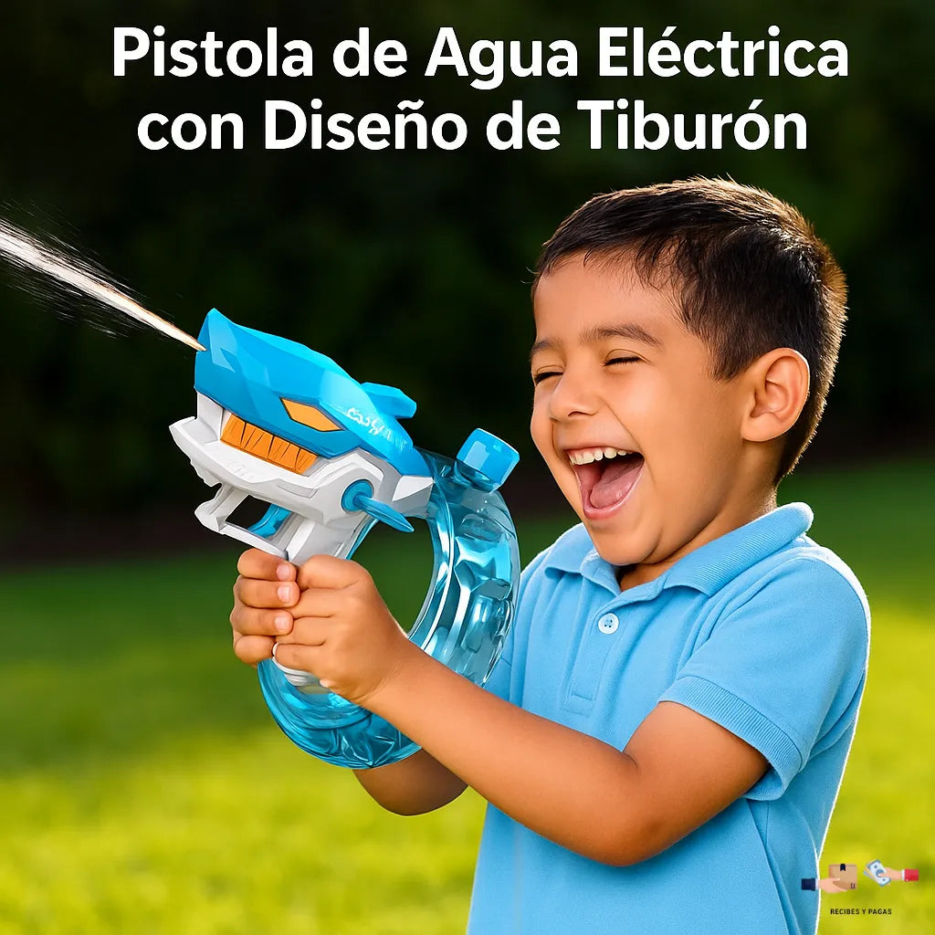 Pistola de agua eléctrica con diseño de tiburón, ideal para batallas acuáticas.