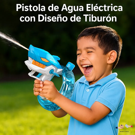 Pistola de agua eléctrica con diseño de tiburón, ideal para batallas acuáticas.