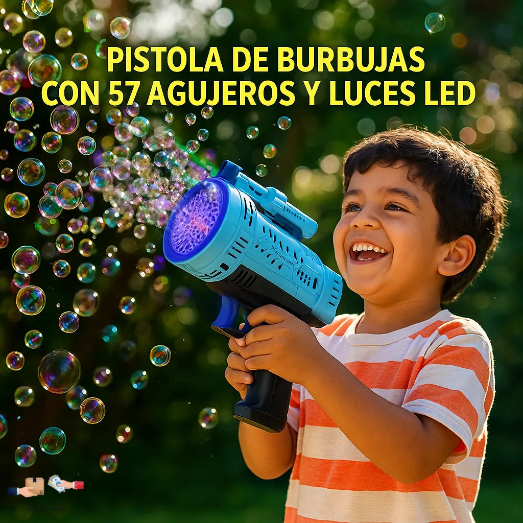 Pistola de burbujas con 57 agujeros y luces LED, juego mágico para niños.