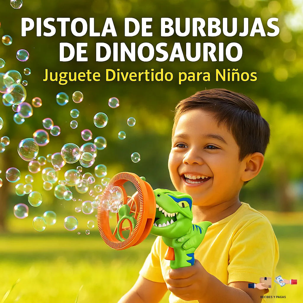 Pistola de burbujas con forma de dinosaurio, juguete divertido para niños.