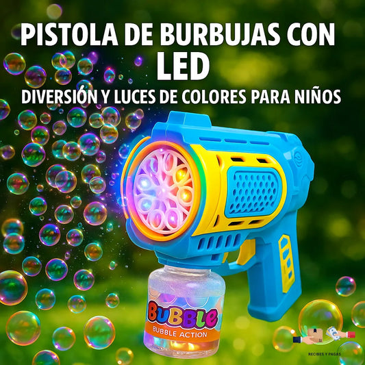 Pistola de burbujas con LED, diversión y luces de colores para niños.