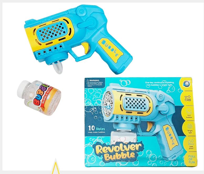 Pistola de juguete de burbujas automáticas con luces LED, segura para niños.