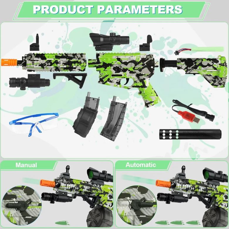 Pistola M416 bolas de gel eléctrica, 70 pies, ideal para verano en México.