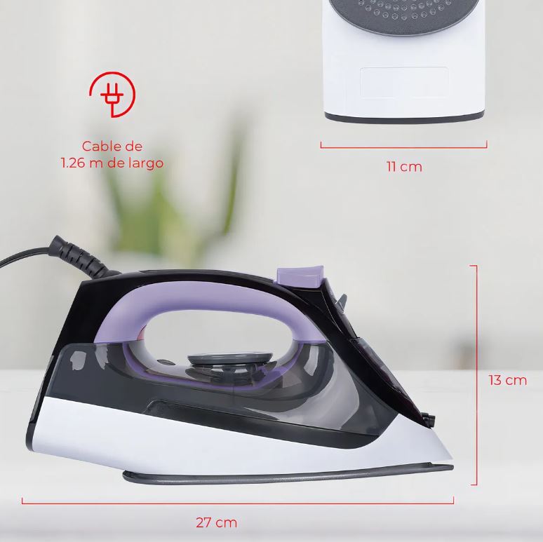 Plancha Daewoo 1100W con sistema antigoteo y suela de cerámica antiadherente.