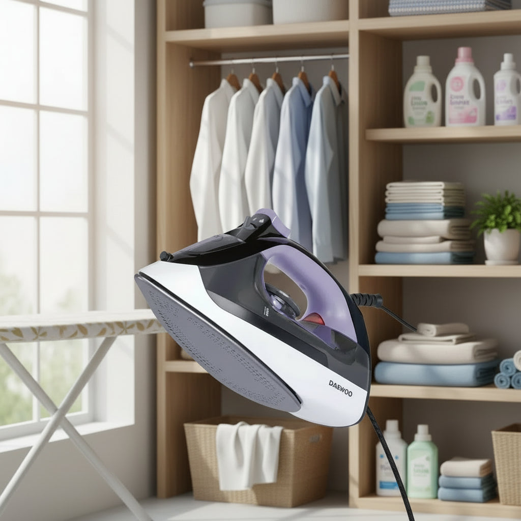 Plancha Daewoo con suela antiadherente, vapor potente para uso doméstico.