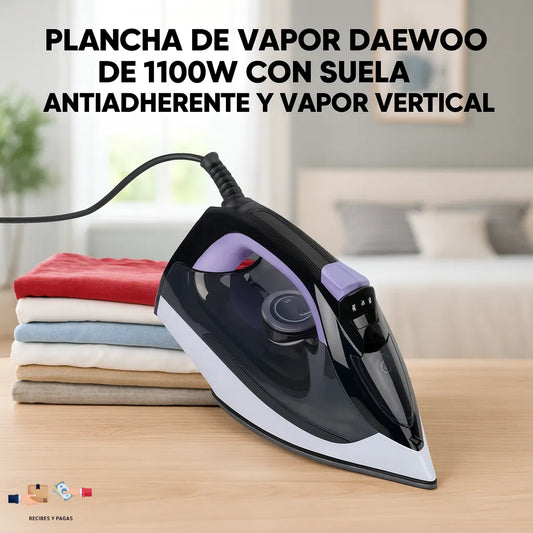 Plancha de vapor Daewoo de 1100W con suela antiadherente para un planchado suave.