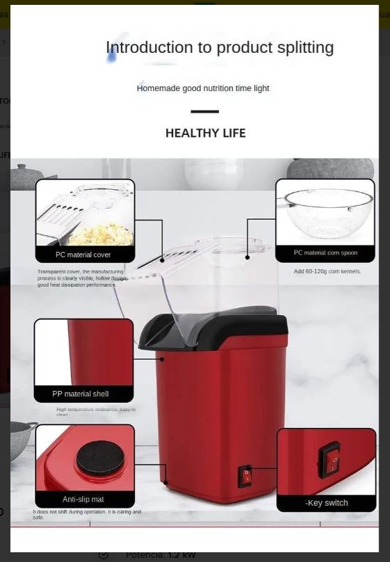 Popcorn maker de aire caliente, sin aceite, para un snack saludable en el hogar.