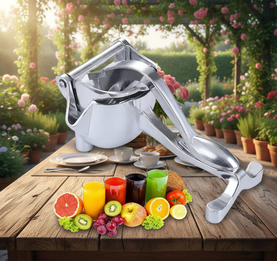 Prensa para jugo manual de aluminio con palanca, extracción rápida y eficiente.