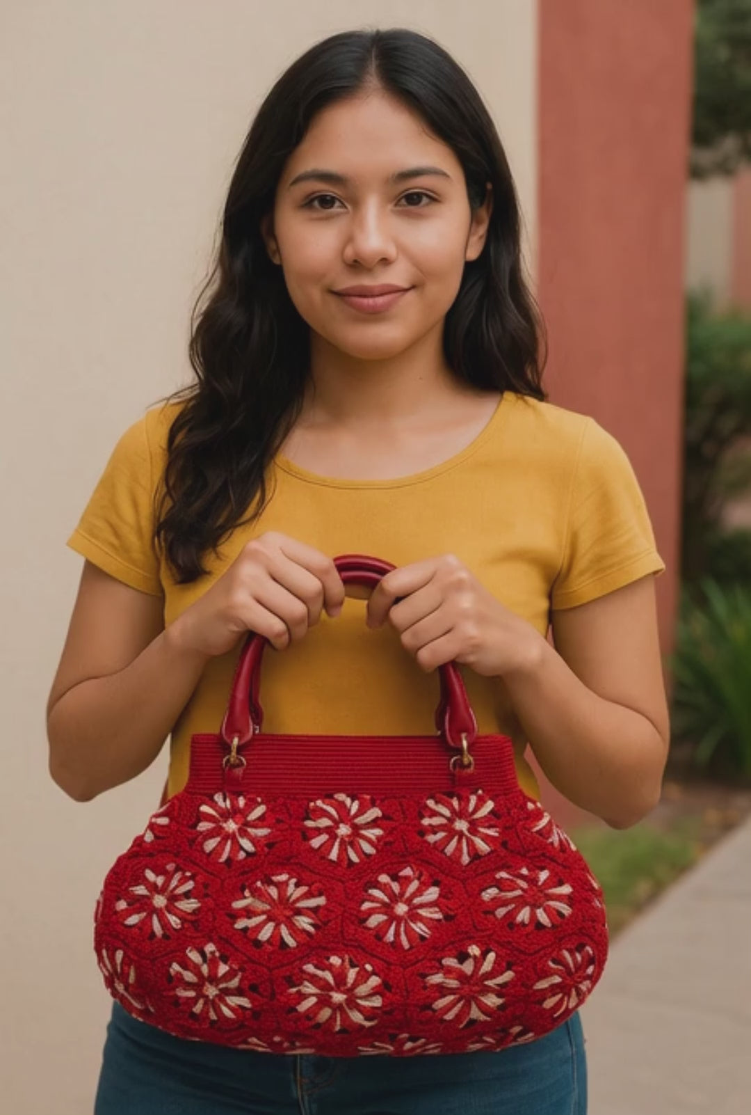 Bolsa Artesanal crochet roja con flores transparentes, elegante para el verano.