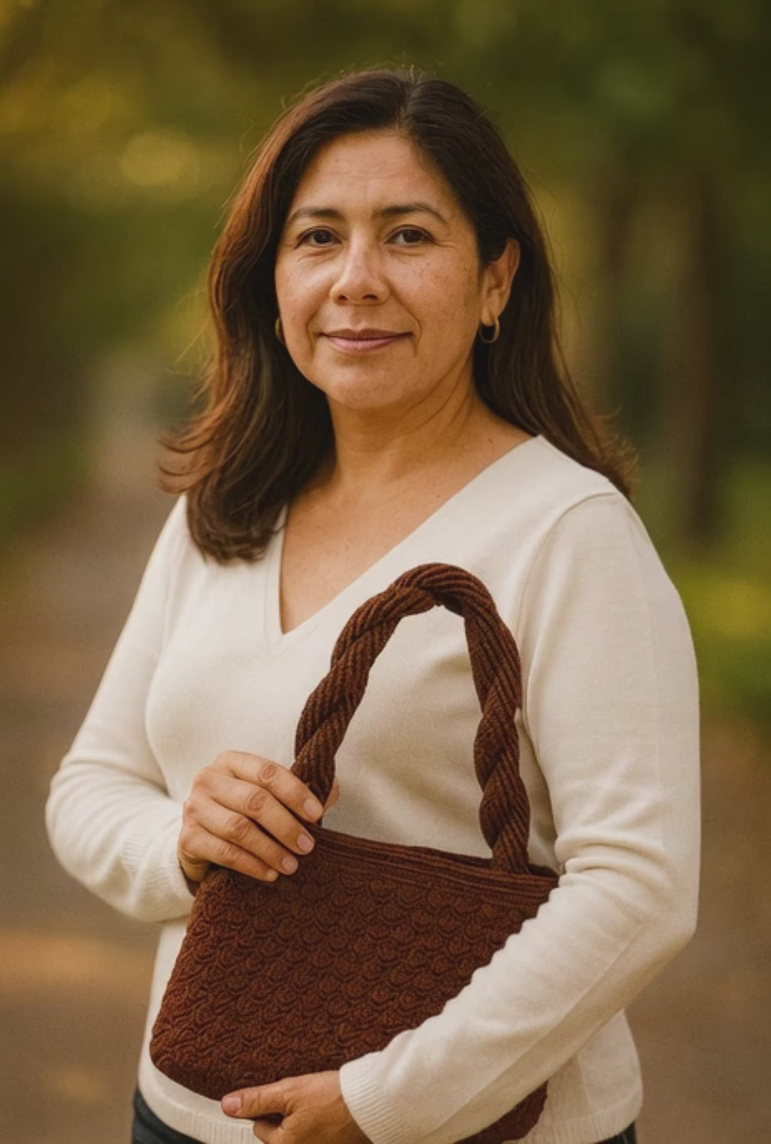 Bolsa artesanal marrón chocolate con asas trenzadas, hecha en México.