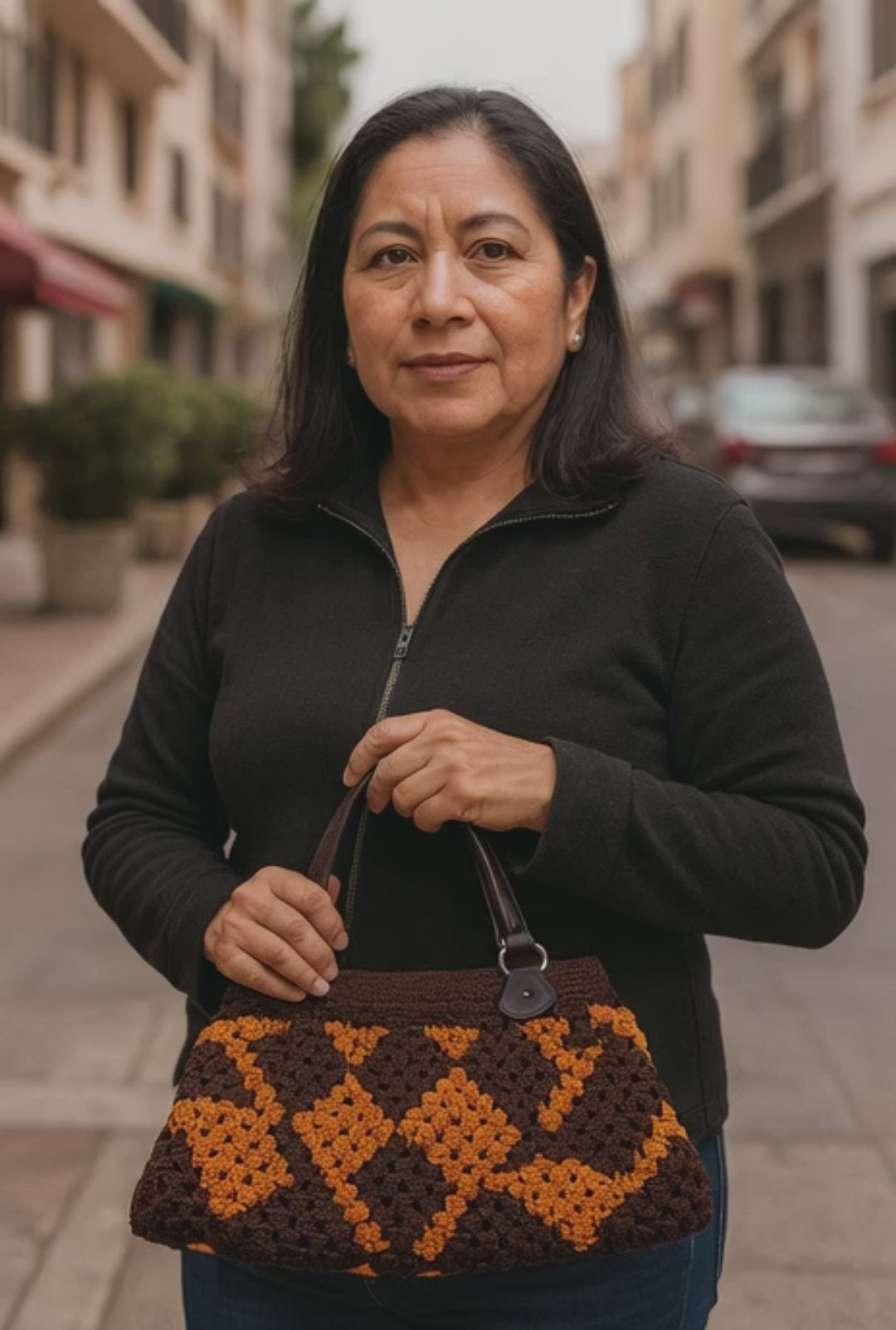 Bolsa de hombro artesanal marrón y terracota, crochet, diseño de rombos.